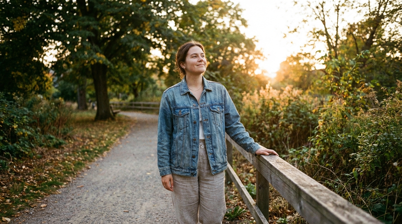 A person pausing during a gentle walk in warm evening light