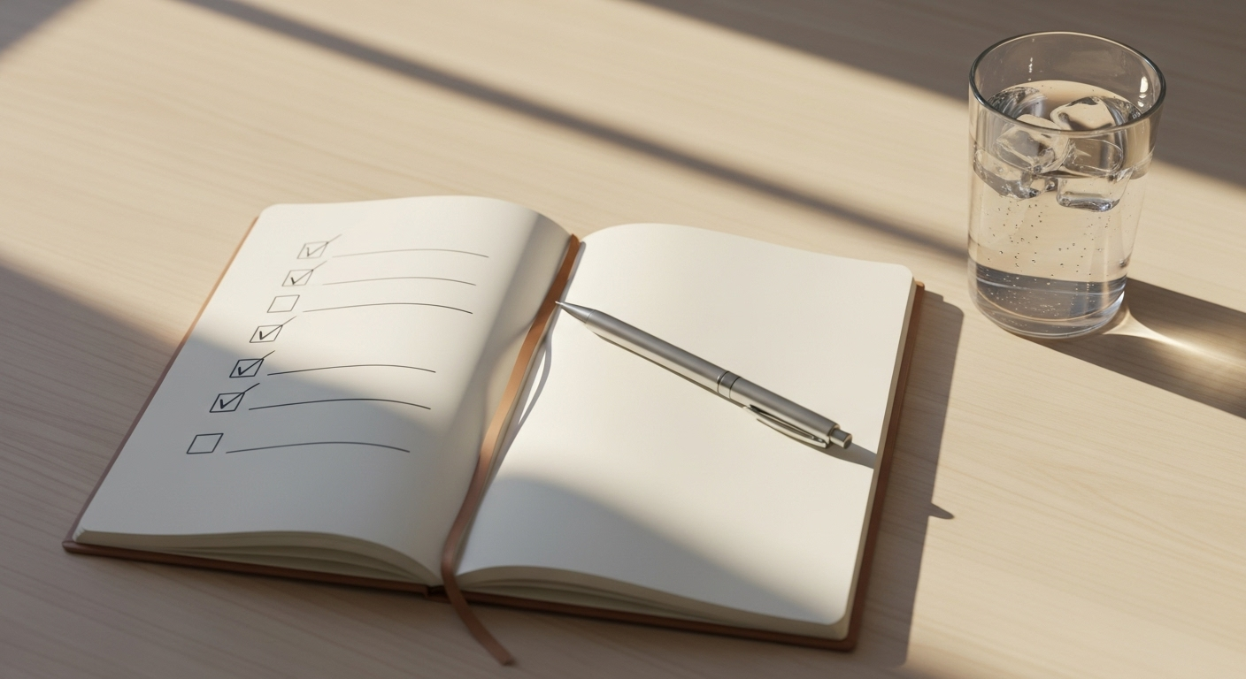 Open notebook with simple checklists beside water, showing a diet for brain fog reset.