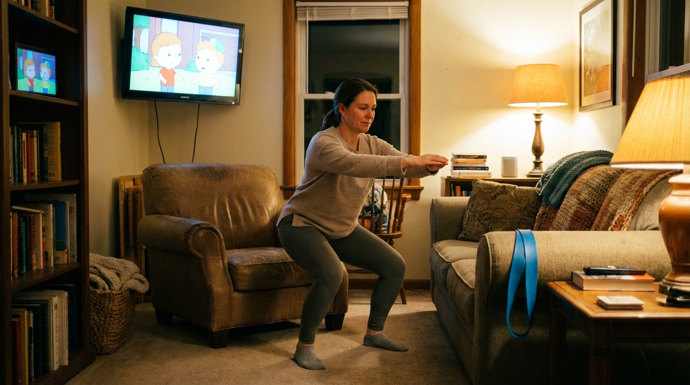 Woman doing chair squats in living room at night