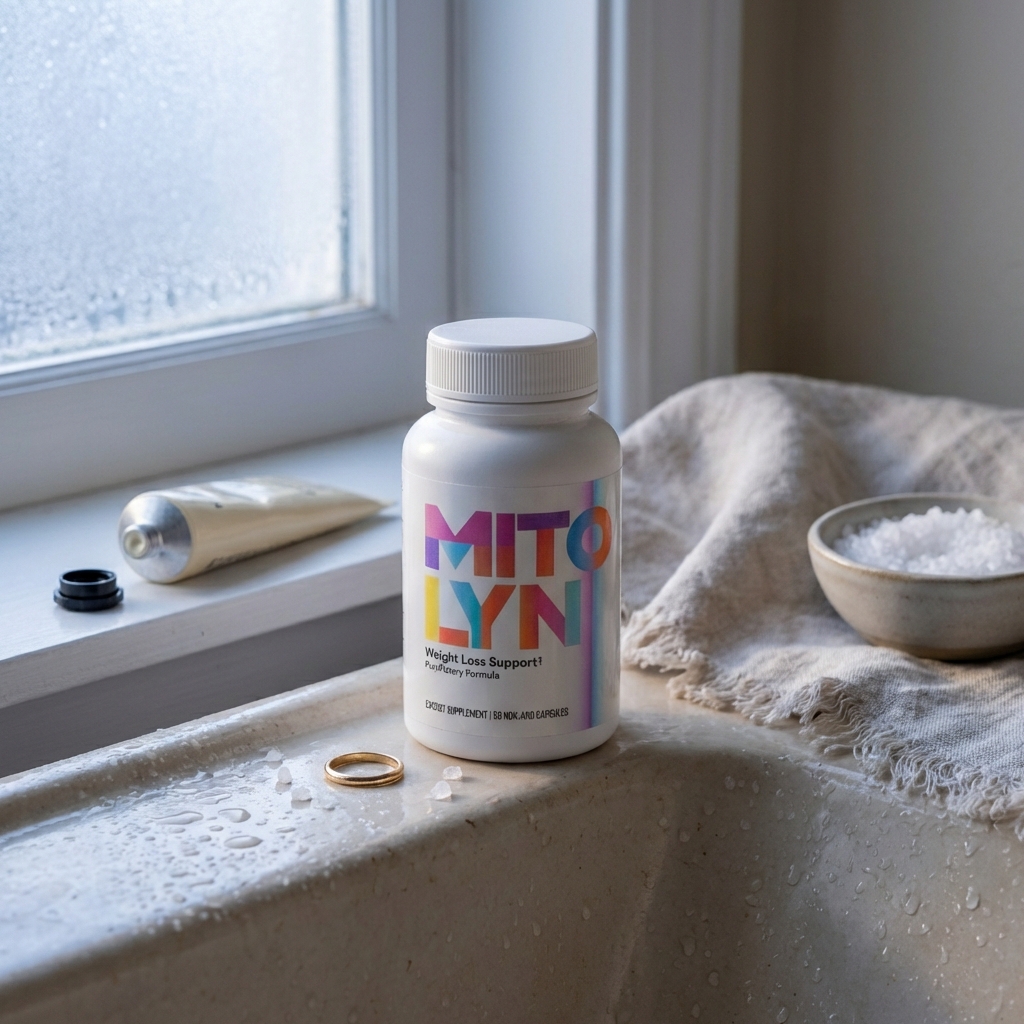 Mitolyn bottle near sink with hand cream and towel in soft light