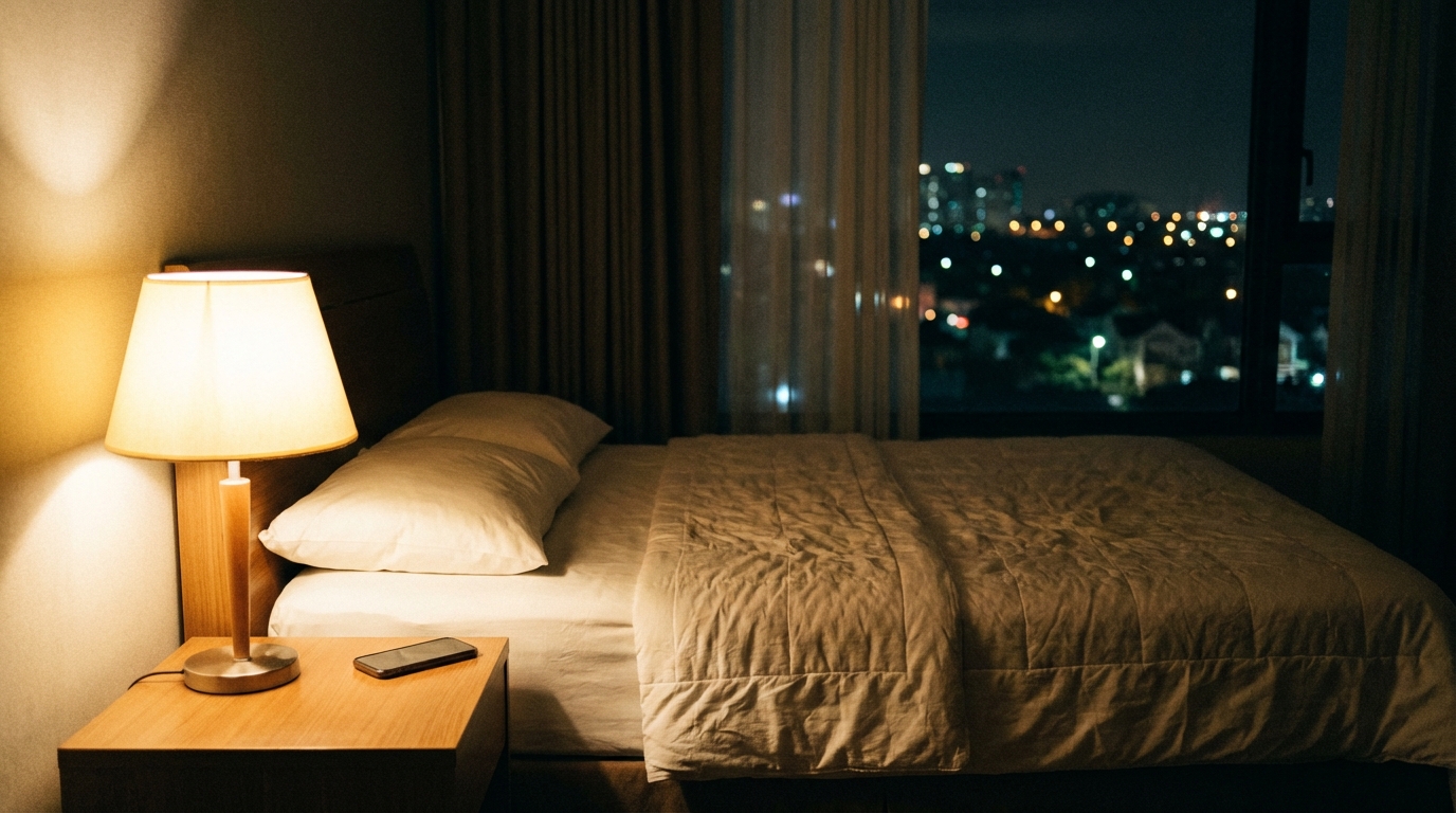 Bedroom at night with soft lighting