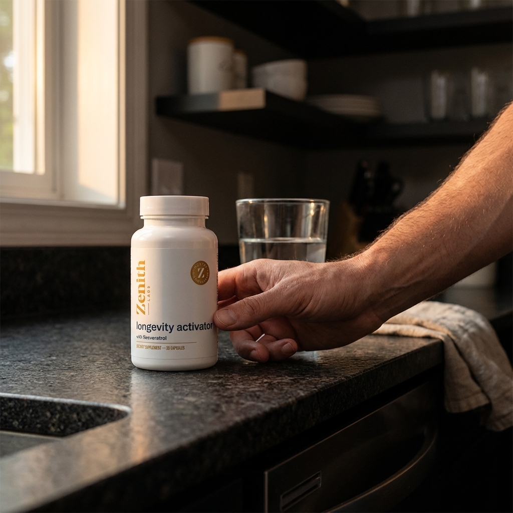 Longevity Activator bottle on granite counter in morning light