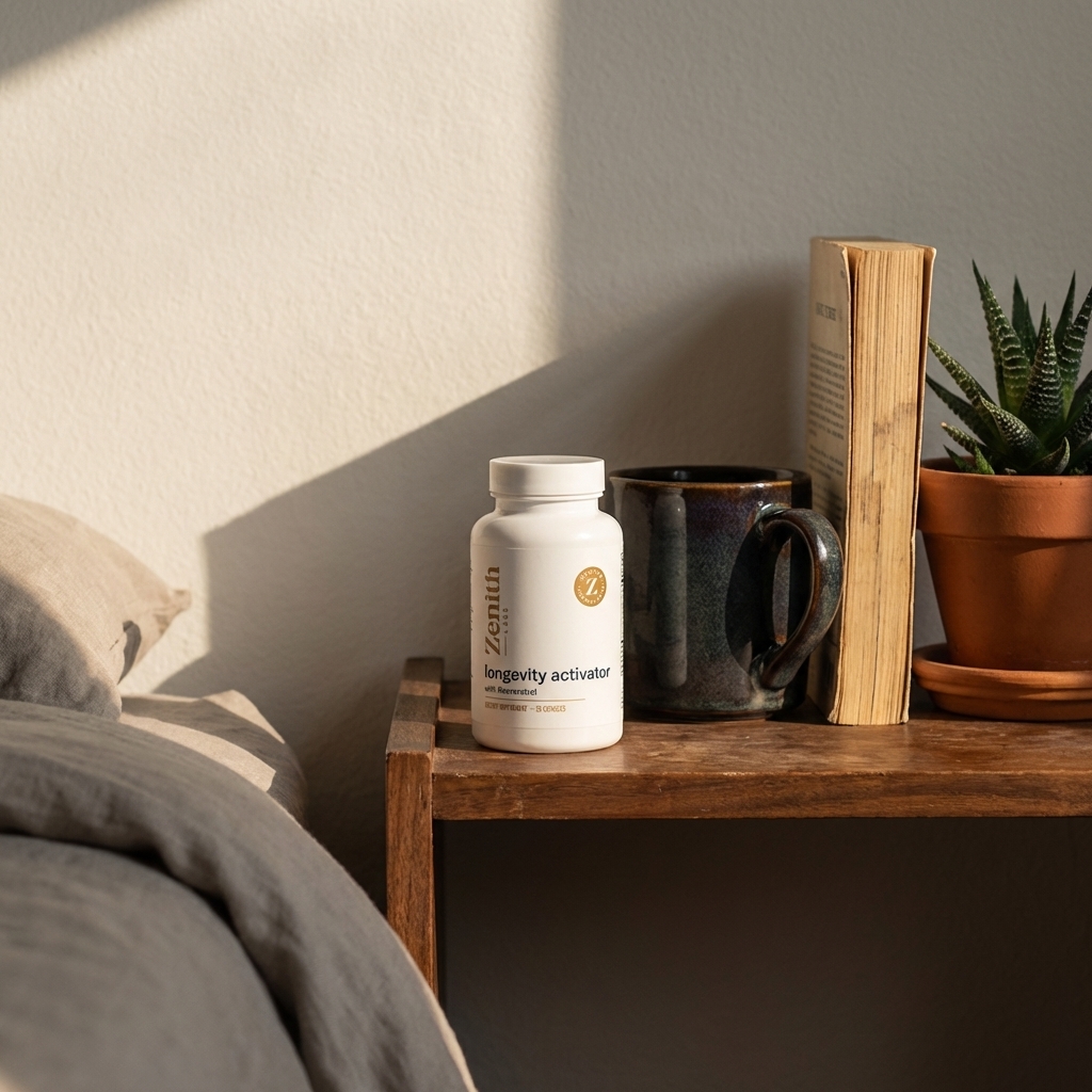 Longevity Activator on a wooden bedside shelf in warm afternoon light