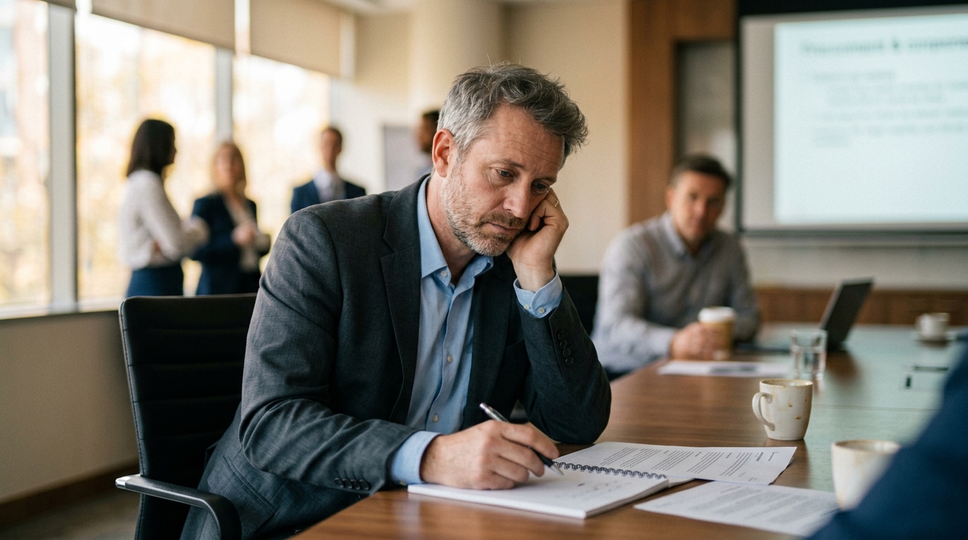 Man experiencing cognitive fog during meeting