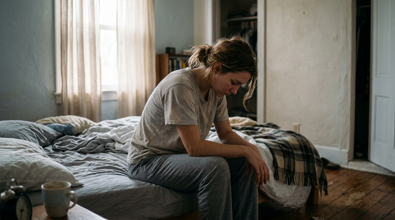 Woman showing signs of deep mental depletion