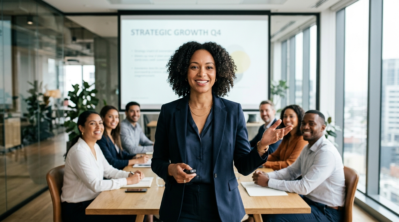 Confident woman presenting in professional setting