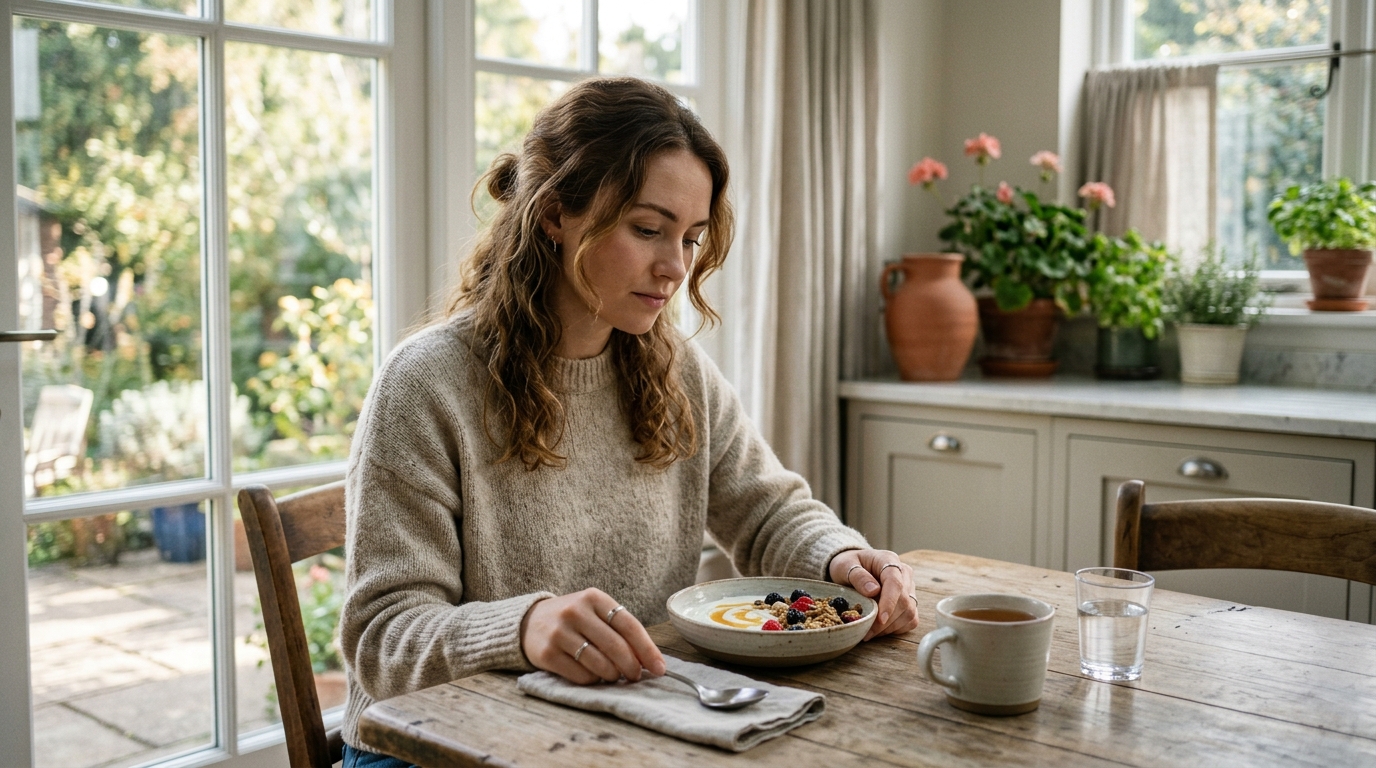 woman contemplating breakfast choices morning kitchen