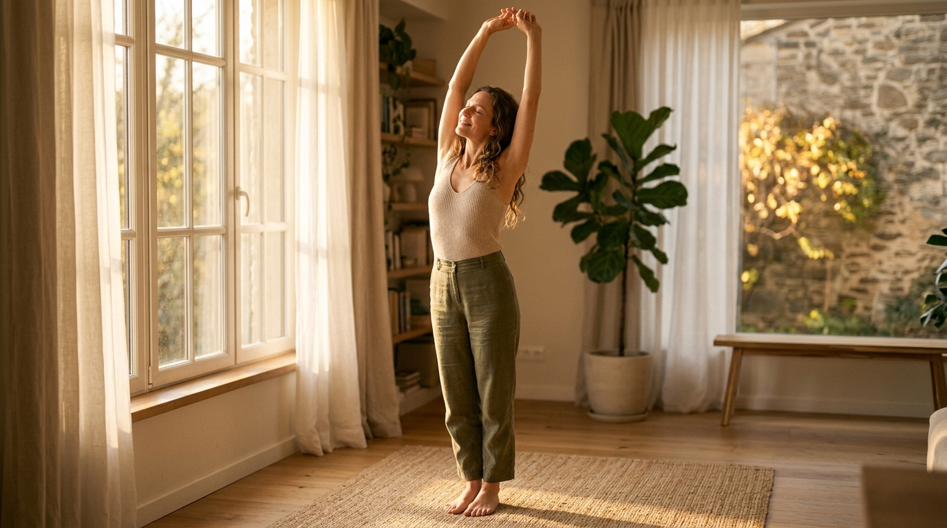 woman stretching peacefully in morning sunlight