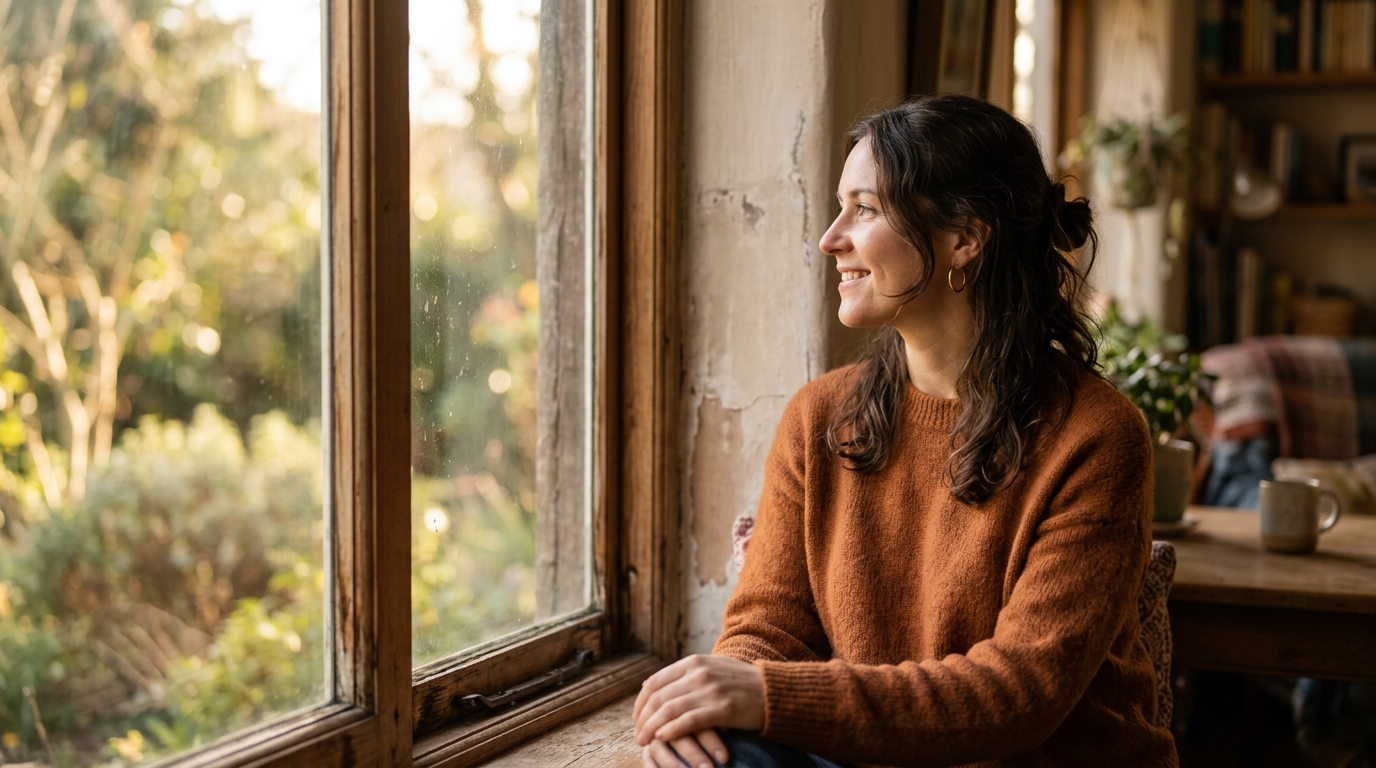 woman looking peacefully out window afternoon