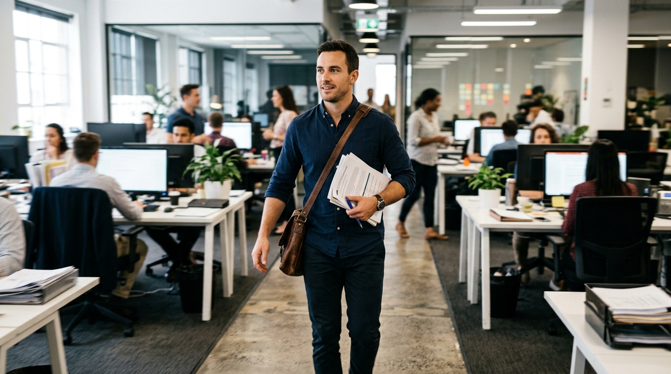 man moving confidently through busy workplace