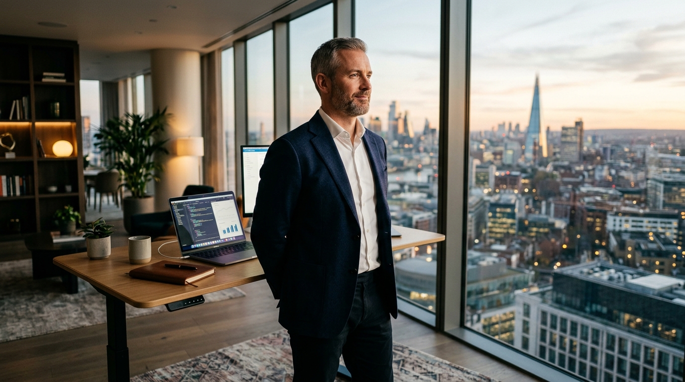 confident man overlooking city from office