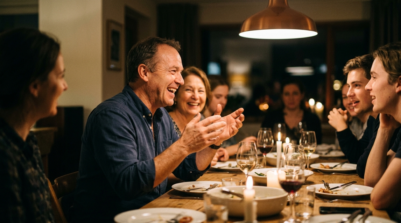 man enjoying engaged conversation with family