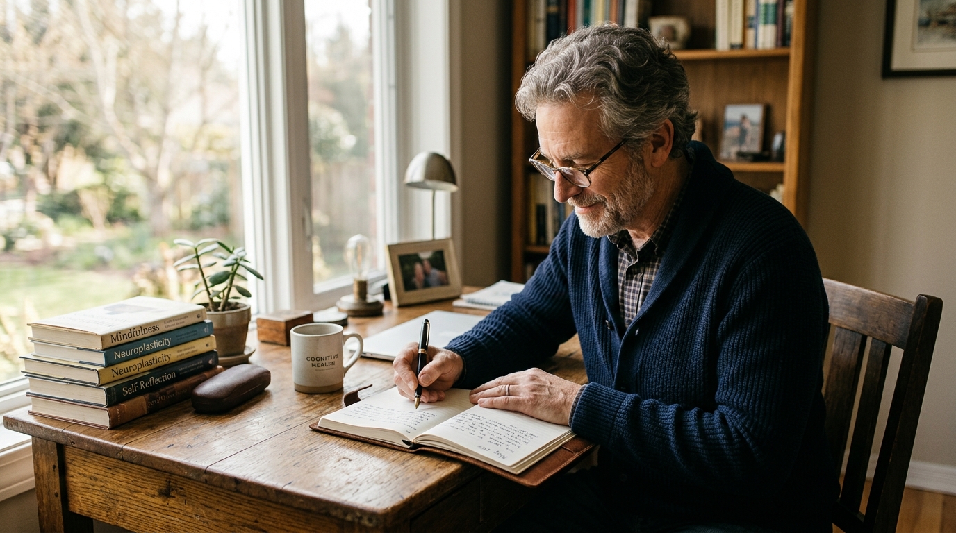 man writing thoughtful review in journal