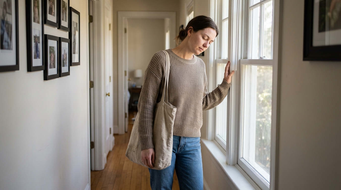 Person pausing with grocery bag in quiet hallway light