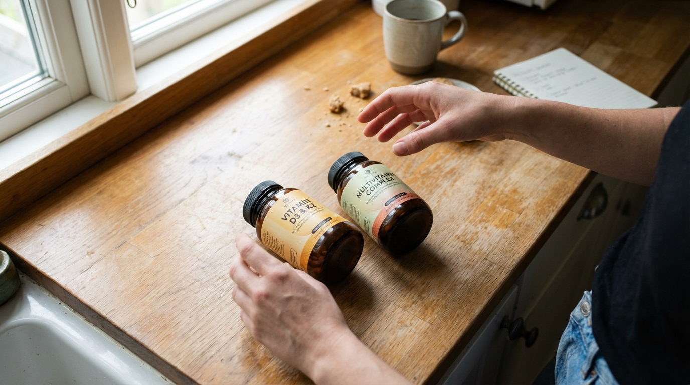 Hands paused over two supplement bottles on a counter