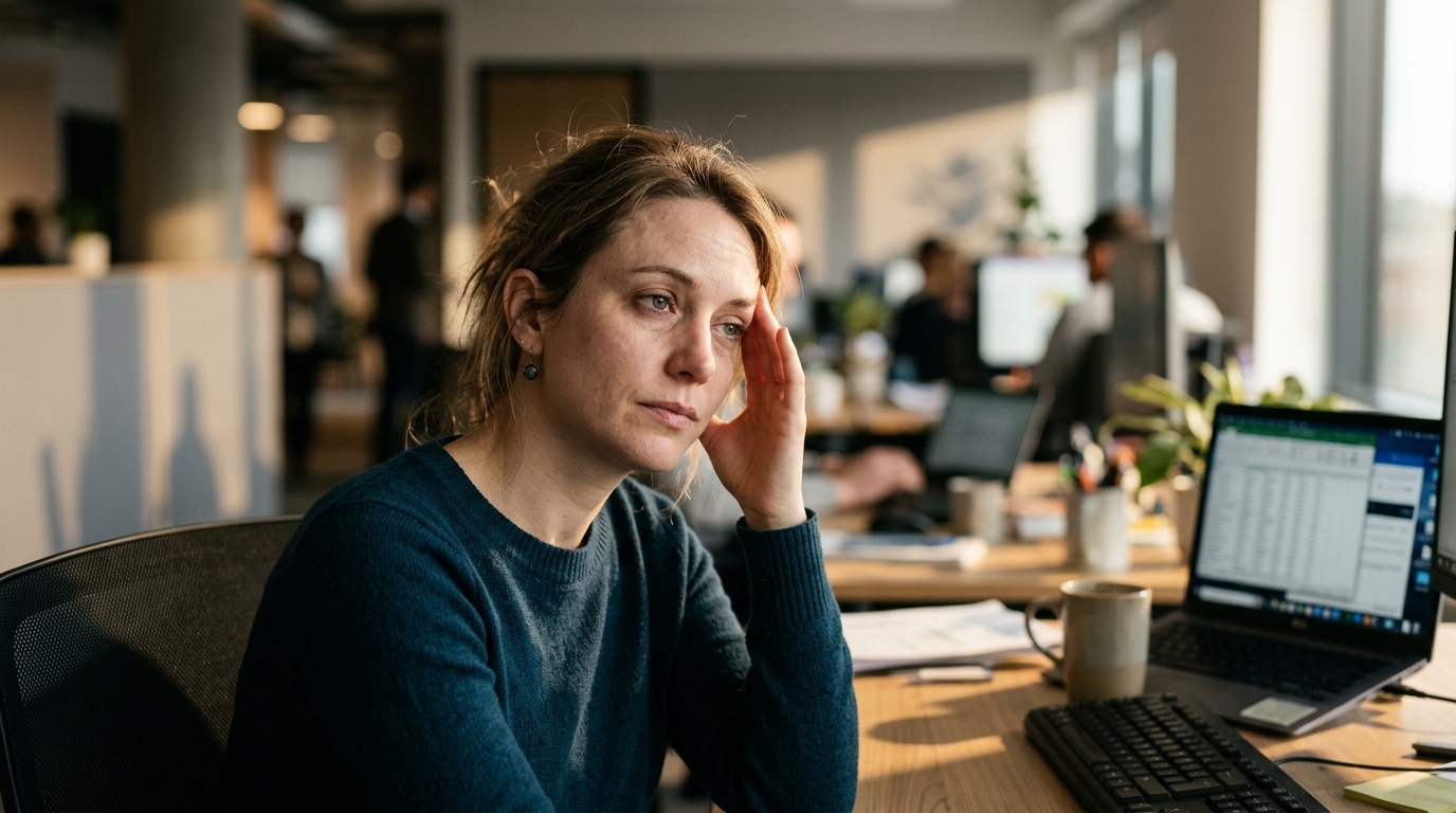 tired woman at desk pressing temple