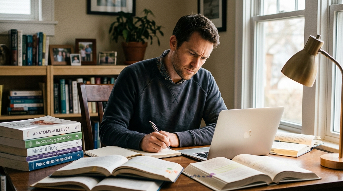 man researching health information at desk