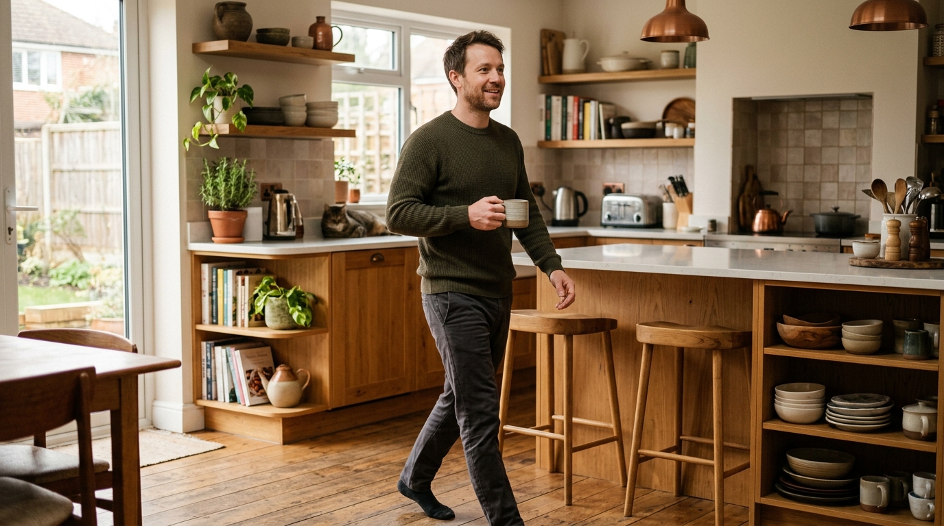 man walking through kitchen with renewed energy