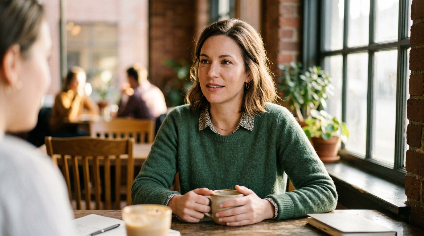 woman having calm conversation at coffee shop