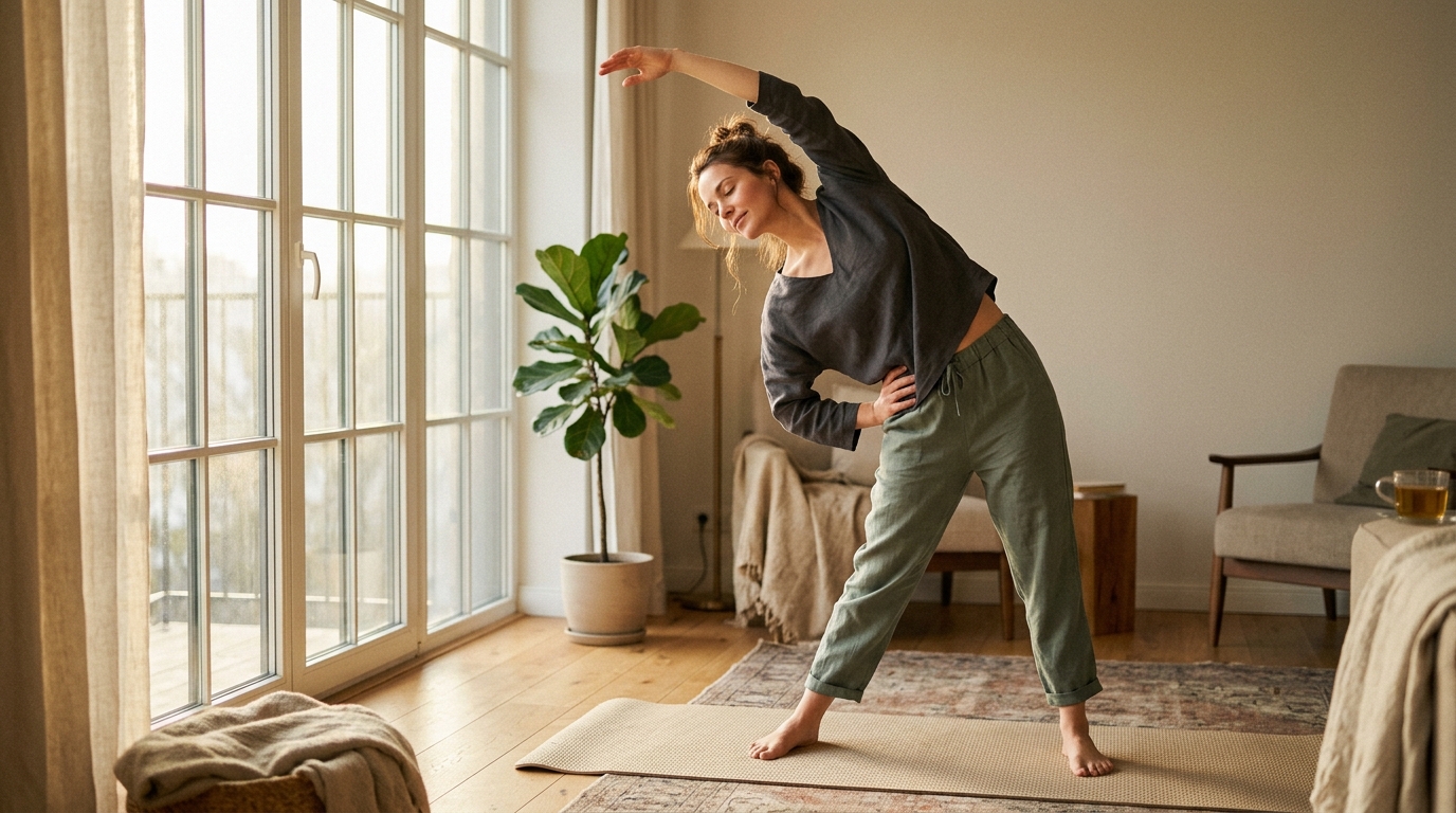 woman doing peaceful morning stretches by window
