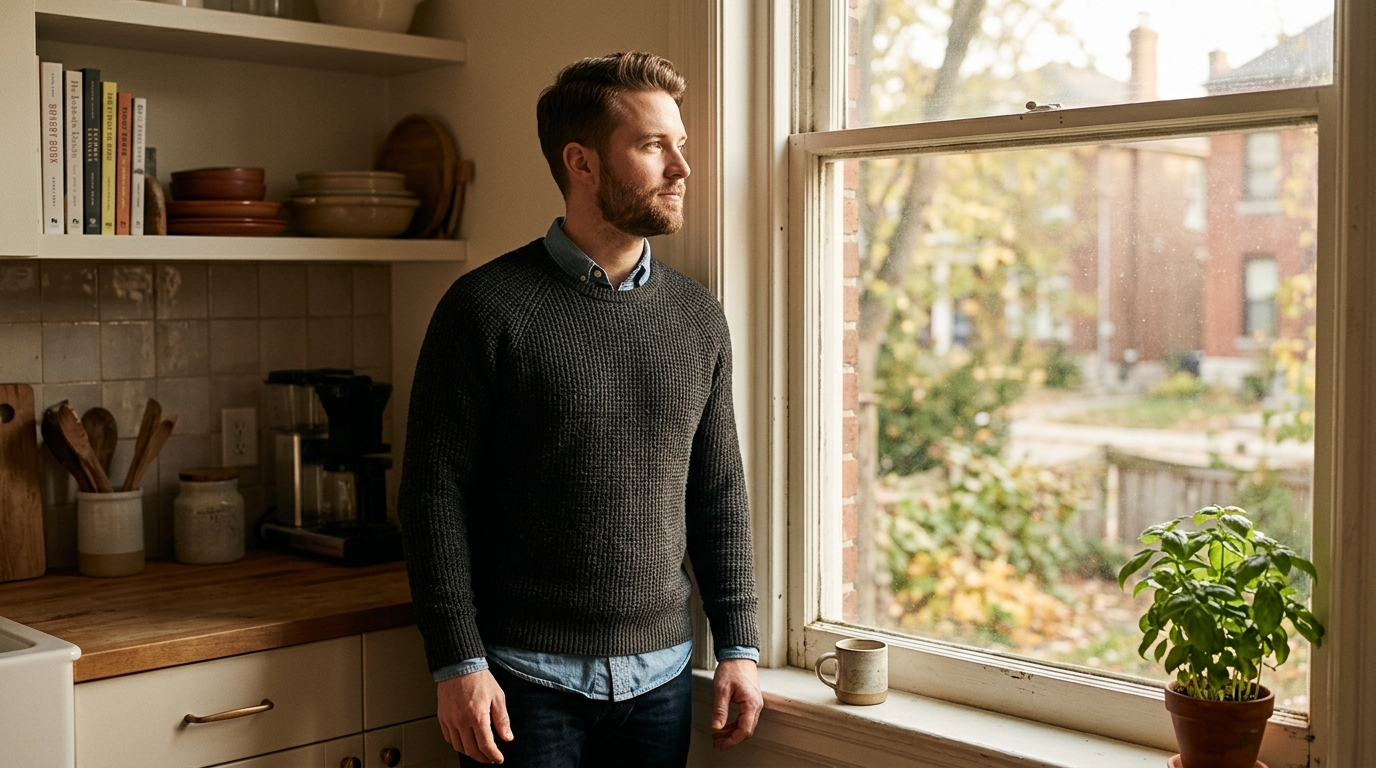 confident man at kitchen window morning light