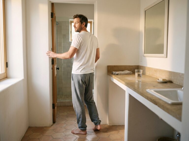Man standing in sunlit bathroom doorway looking back at a nearly empty counter