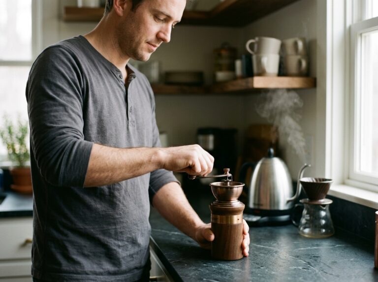 Man grinding coffee by hand in quiet morning kitchen light