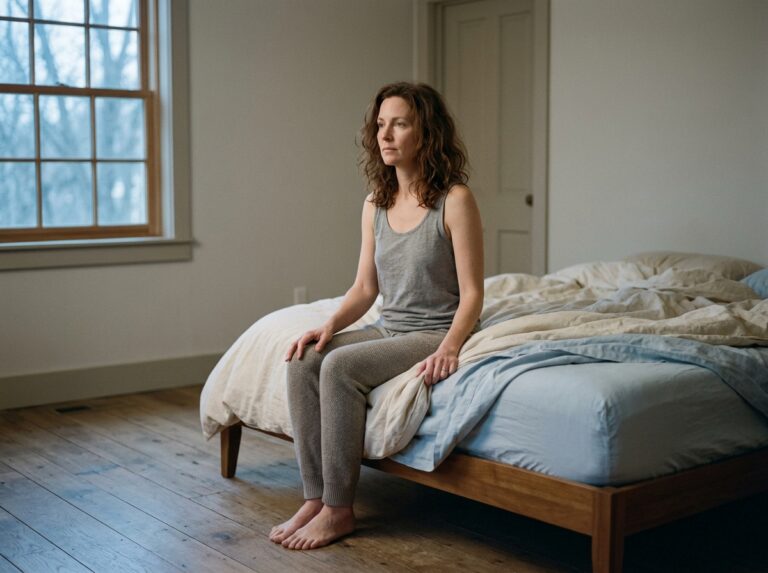 Woman sitting on bed edge in soft pre-dawn light looking rested