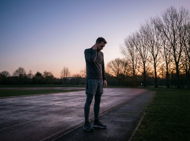 Man standing still at the edge of an empty track before sunrise