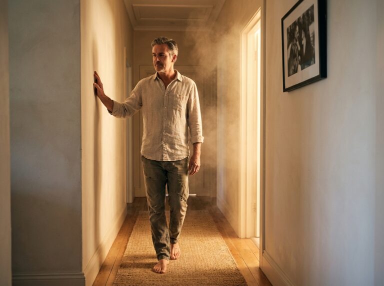 Man walking down hallway in calm morning light