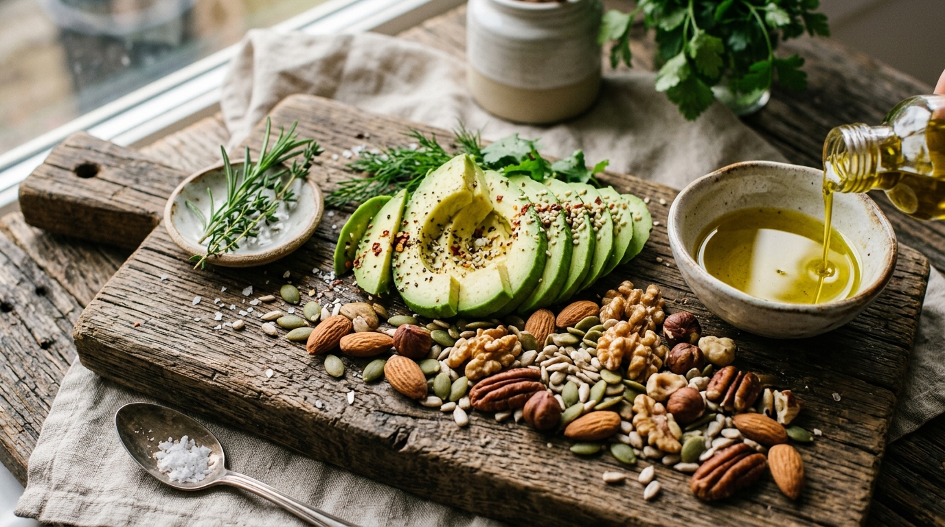 healthy fats arranged artistically for breakfast