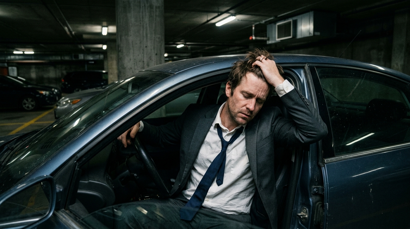 exhausted businessman in parking garage after work