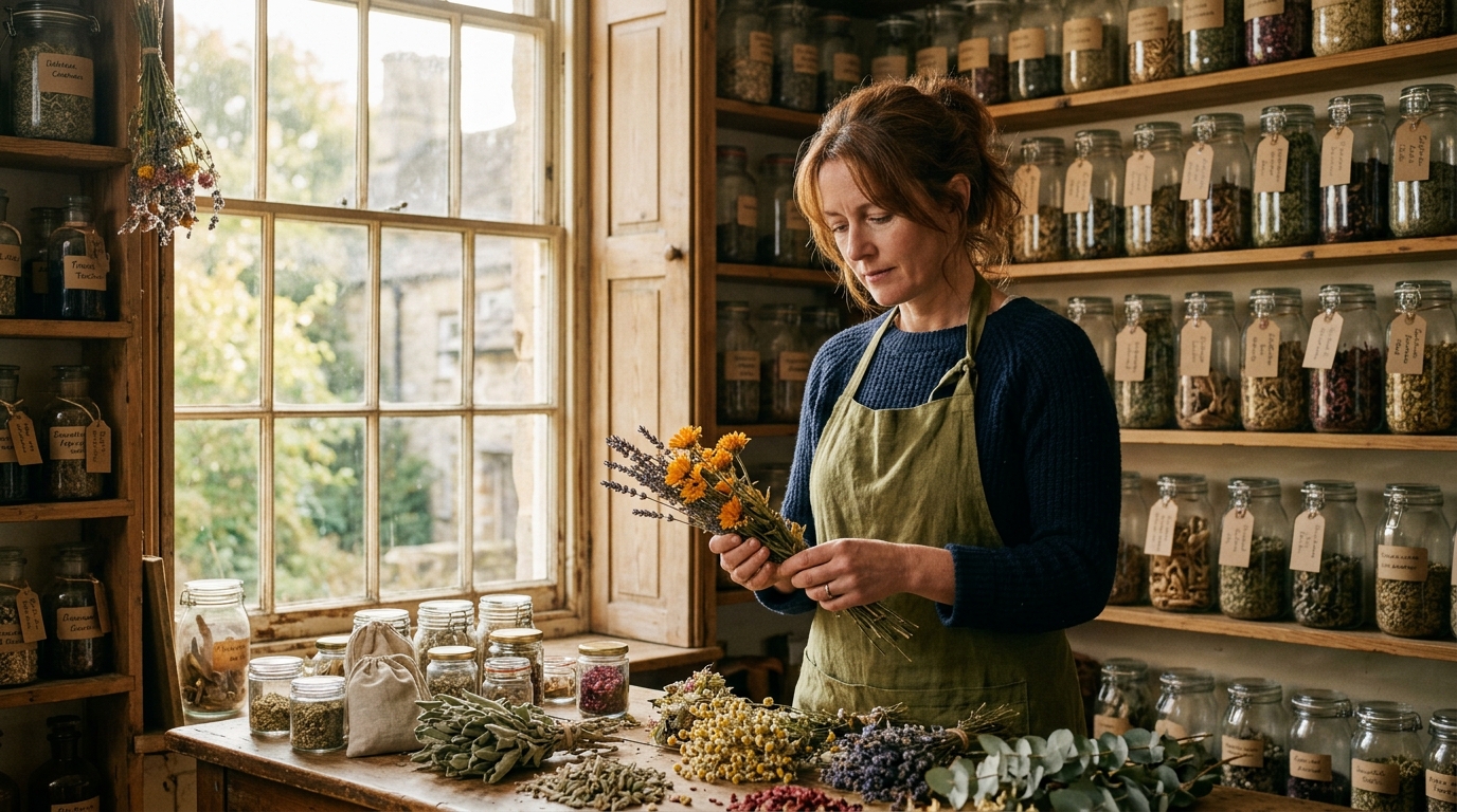woman examining medicinal herbs in apothecary setting