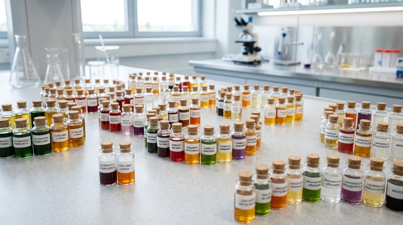 botanical extracts in glass vials scientific arrangement