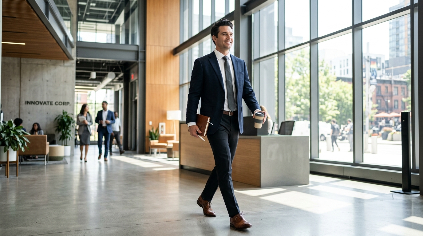 confident man walking through bright office lobby