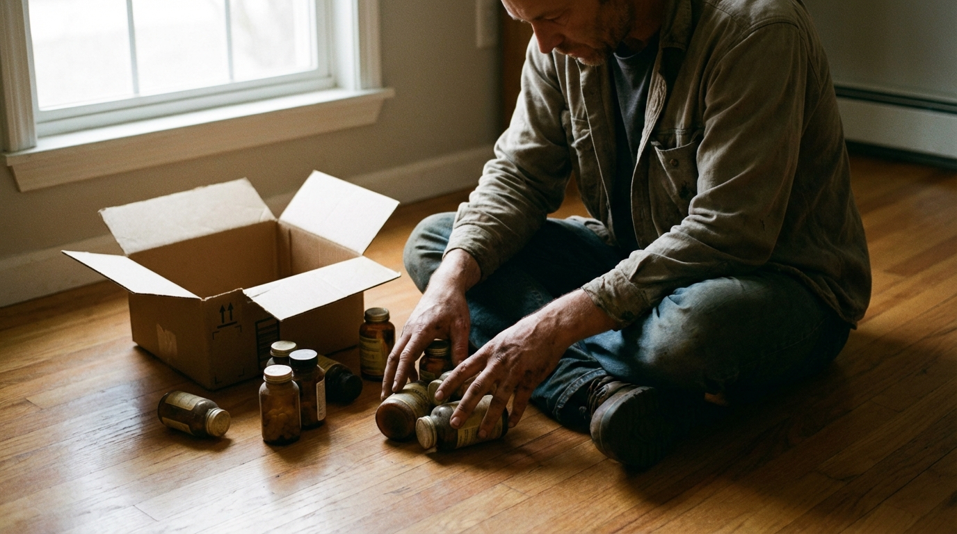 Person sorting old supplements in quiet window light