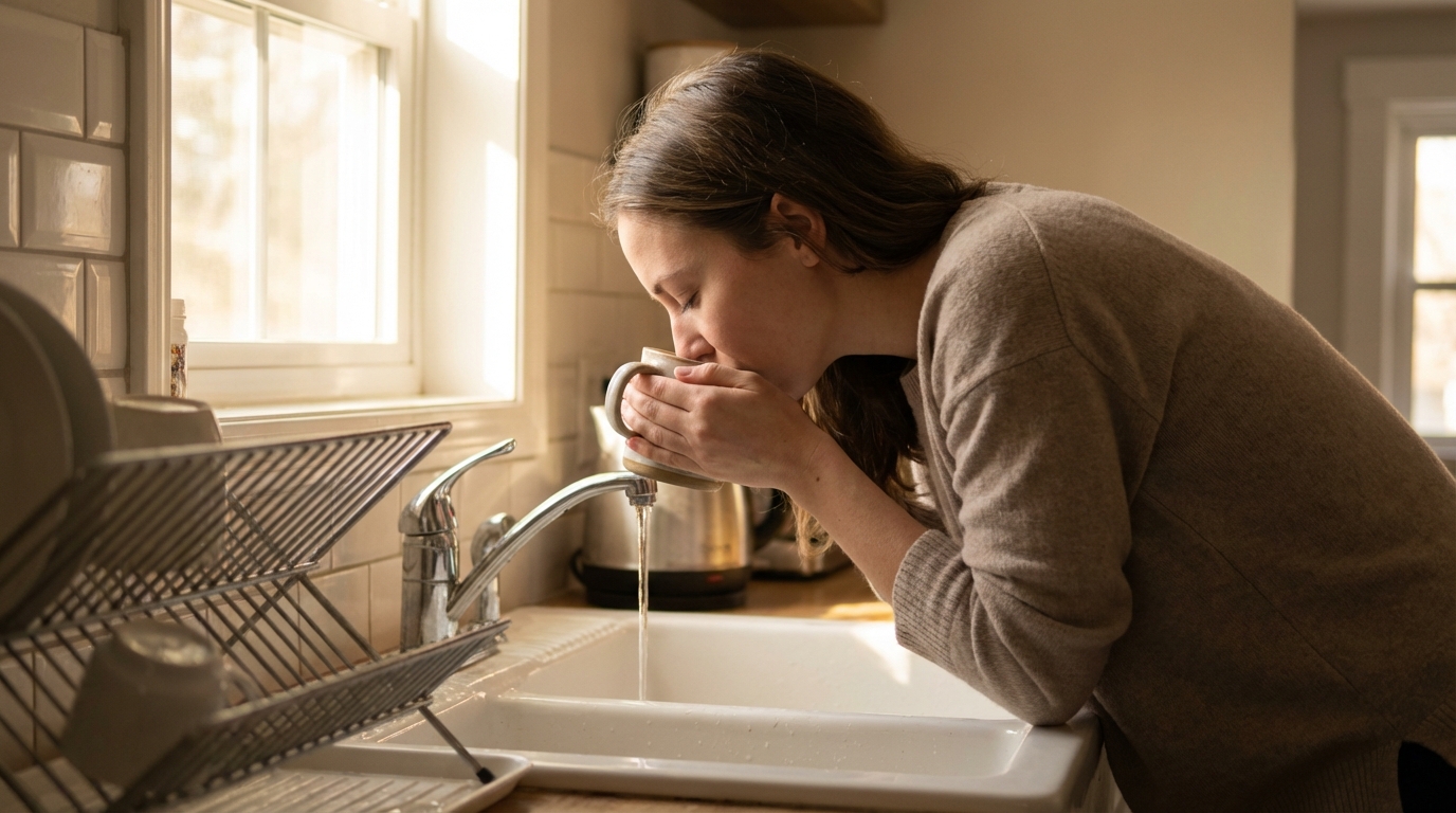 Woman at sink in morning light with calm posture