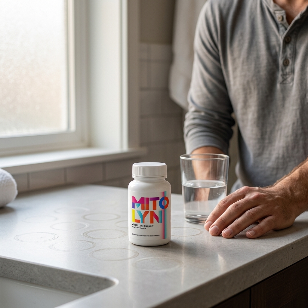 Mitolyn bottle on cleared bathroom counter in morning light