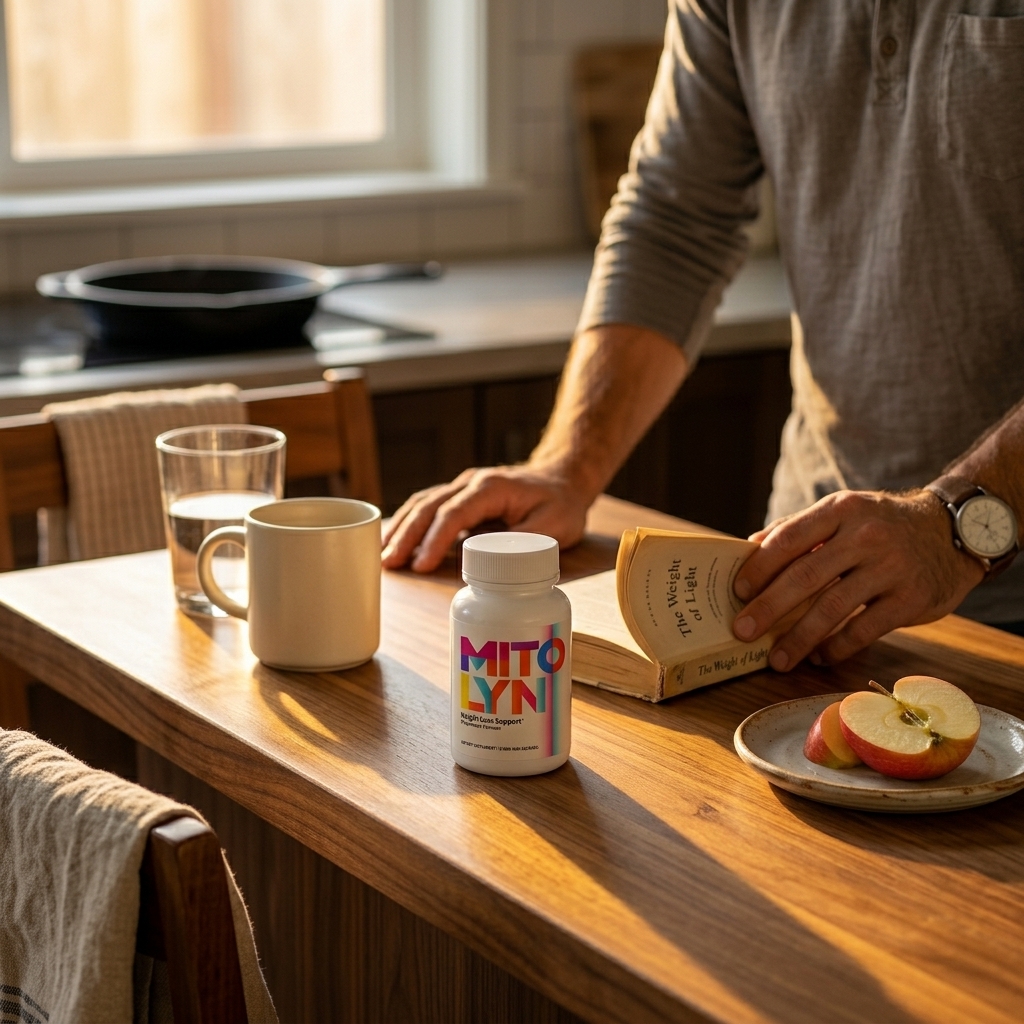 Mitolyn bottle on kitchen island in warm afternoon light