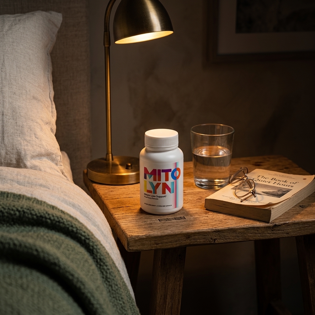 Mitolyn bottle on bedside table in warm evening lamp light
