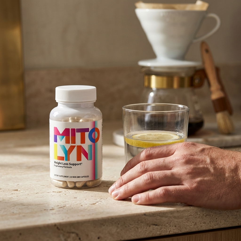 Mitolyn bottle on stone countertop in warm morning light