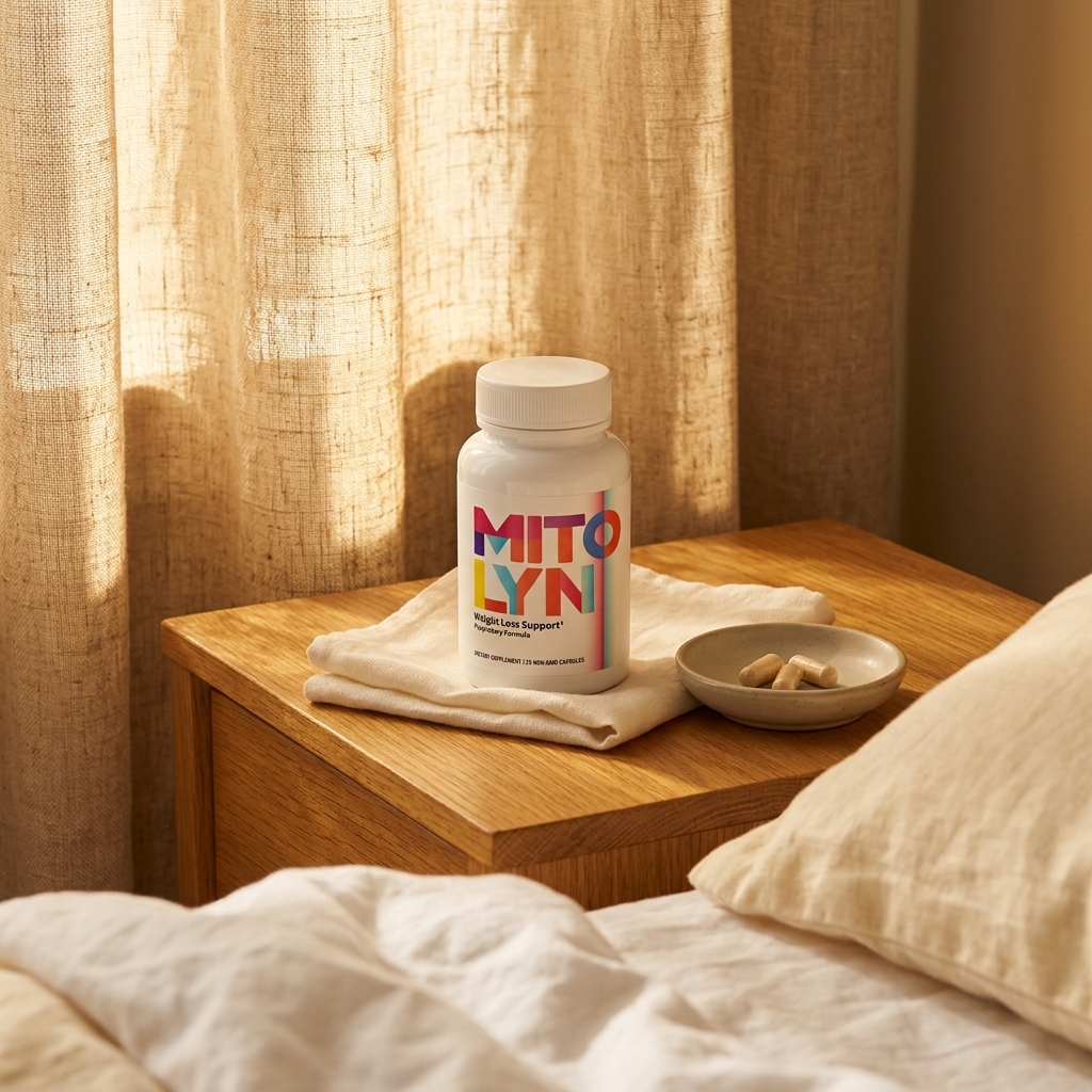 Mitolyn supplement bottle on bedside table in golden afternoon light