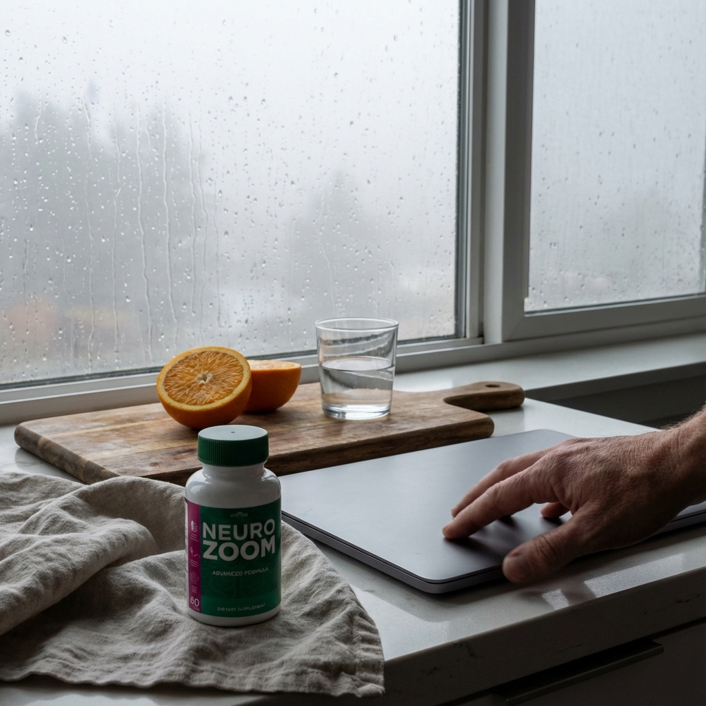 NeuroZoom bottle on kitchen counter in rainy morning light