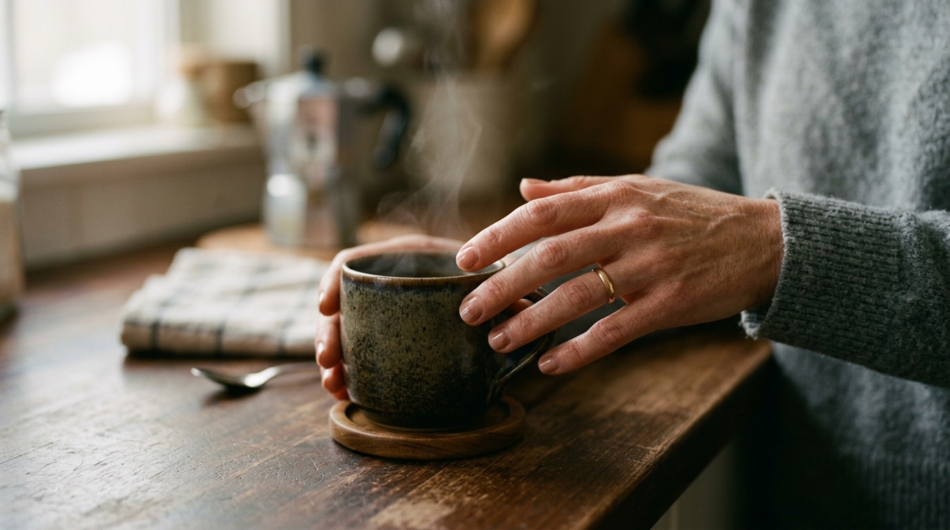 hands reaching for coffee showing morning stress