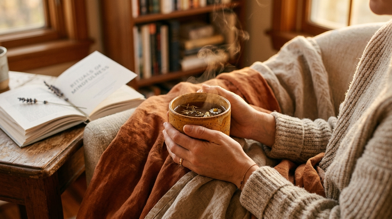 hands holding steaming mug of herbal tea