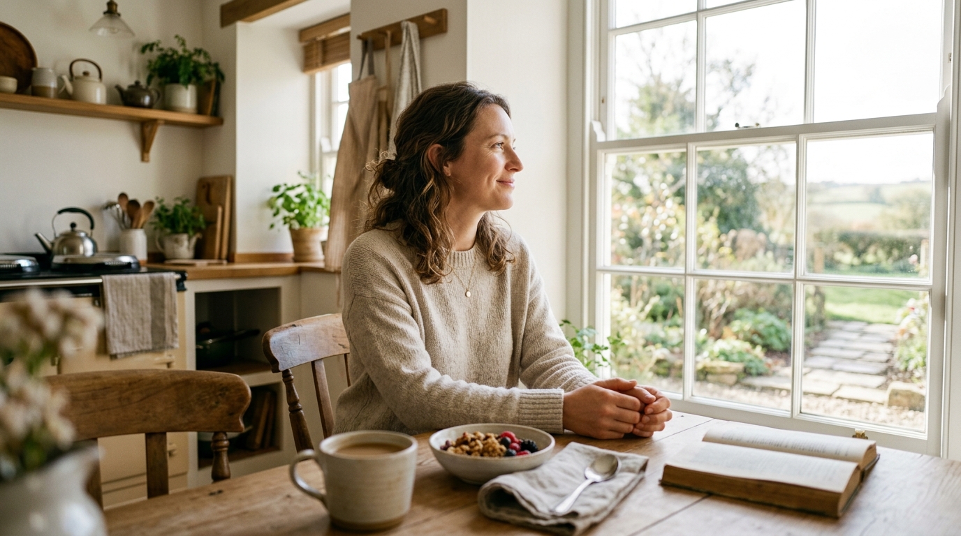 woman peacefully sitting at breakfast table by window