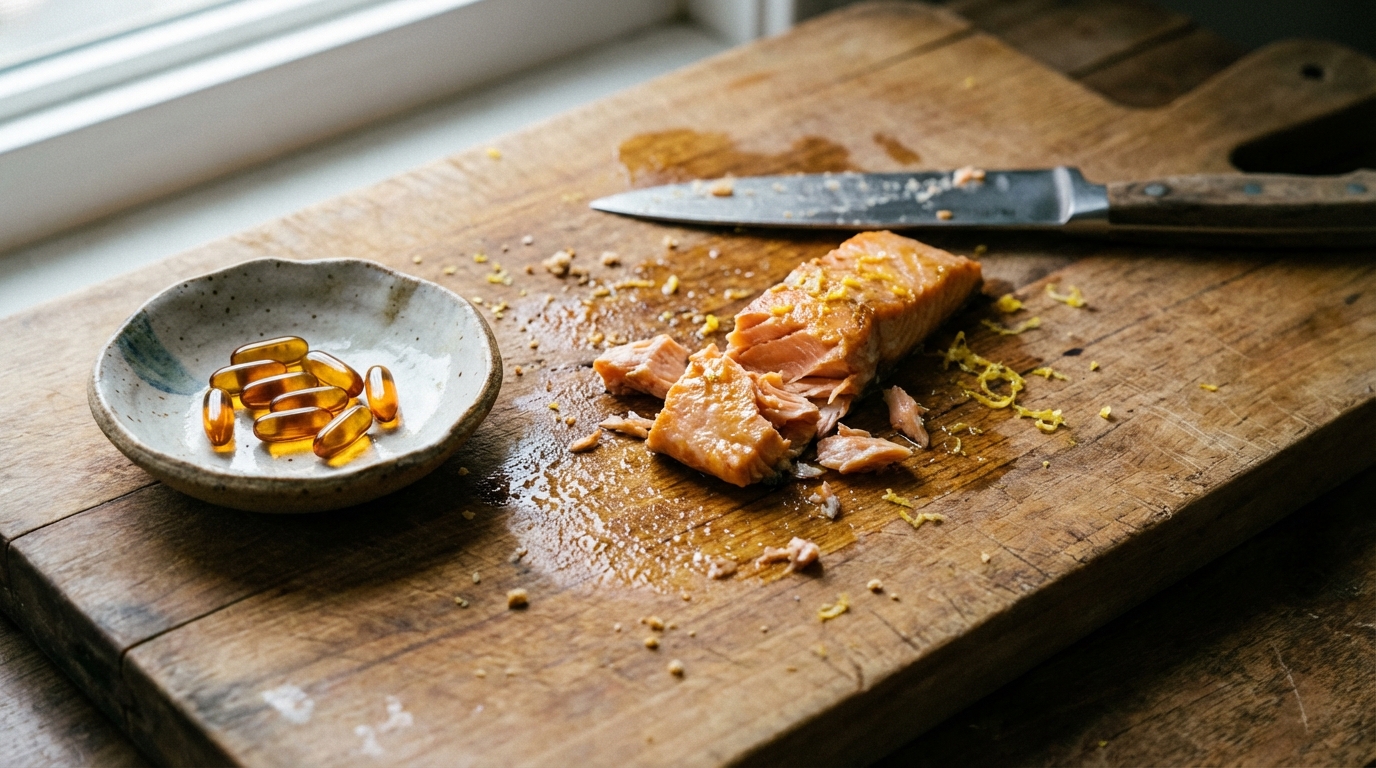 Capsules near a cutting board with salmon and lemon