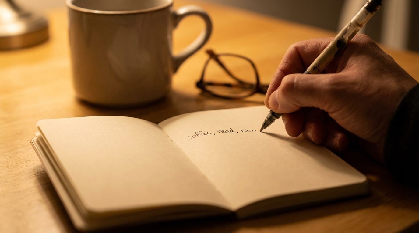 Hand writing a small daily log in a notebook
