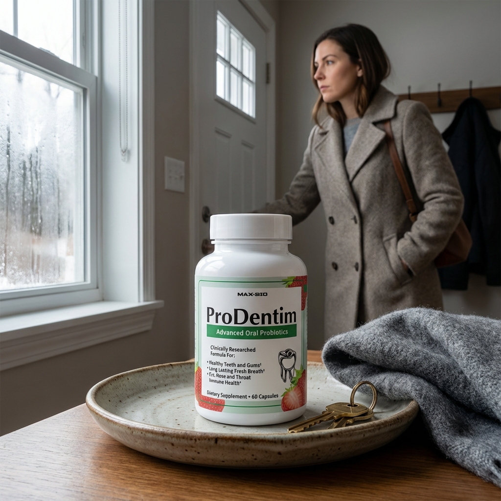 ProDentim bottle on an entryway tray in soft winter daylight