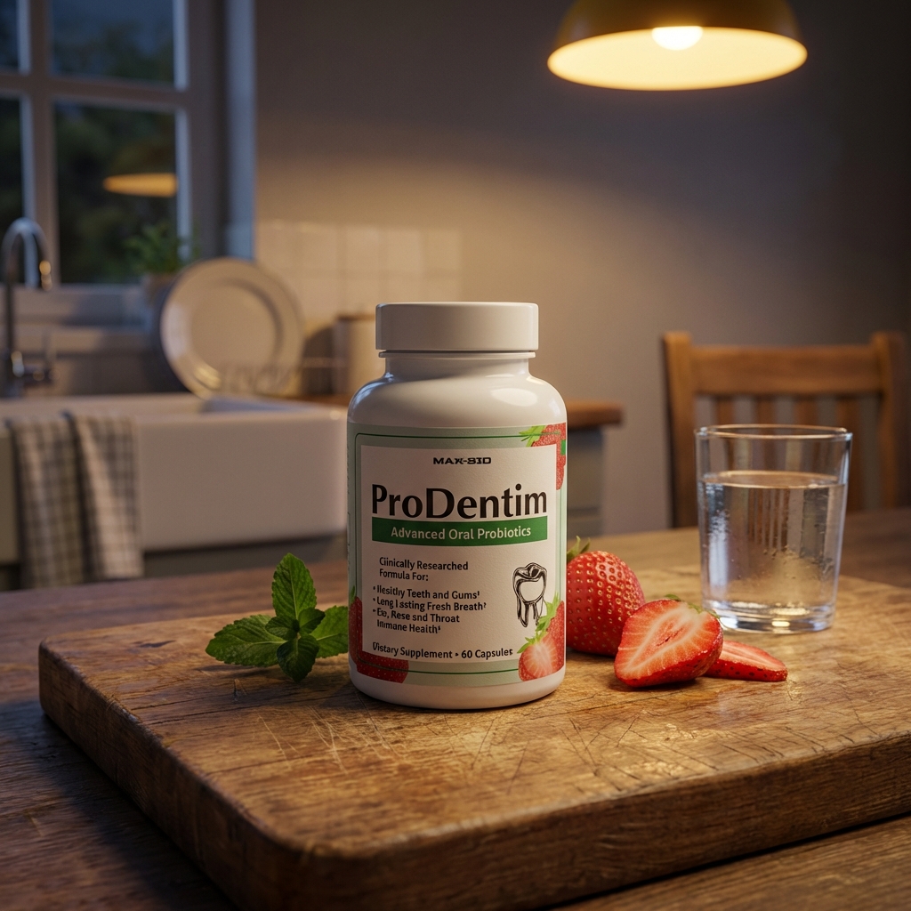 ProDentim bottle on a wooden board in warm kitchen dusk light
